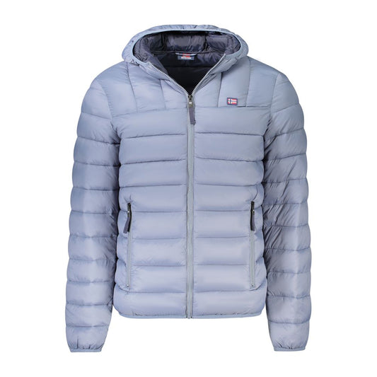 Norway 1963 Gray Polyamide Men Jacket with hood and blue details, zip-up style, sleek and practical fashion-forward choice.