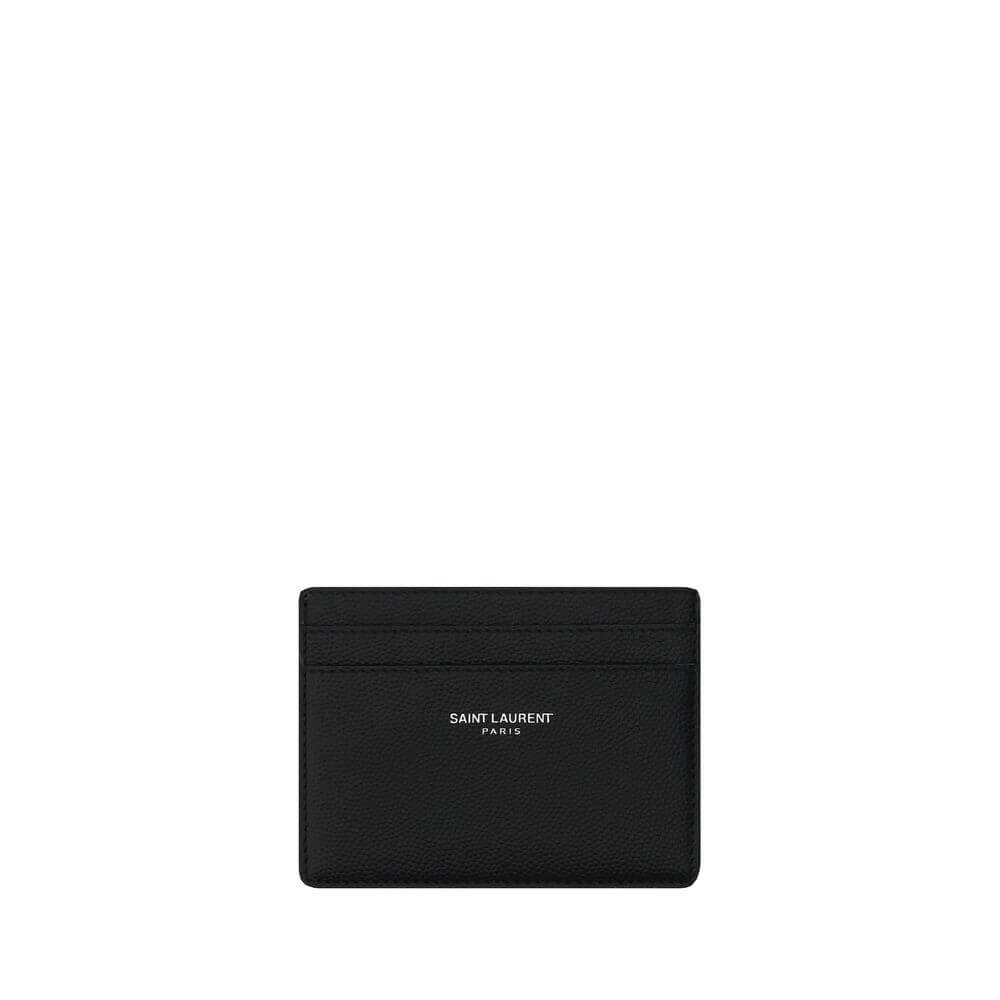 Saint Laurent Black Calf Leather Bos Taurus Wallet with embossed logo, card slots, and coin pocket, made in Italy.