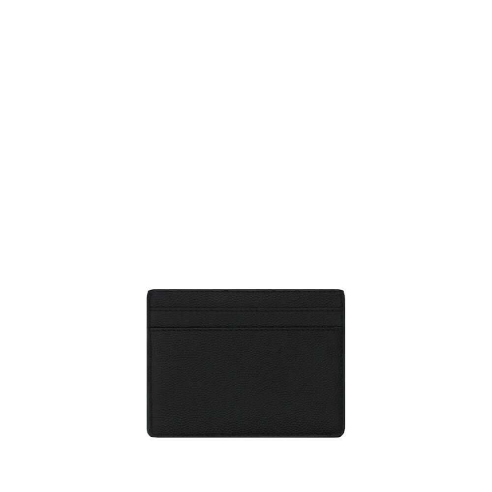Saint Laurent Black Calf Leather Bos Taurus Wallet with embossed logo, two card slots, and coin pocket, made in Italy.
