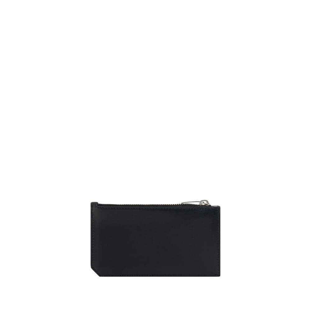 Saint Laurent Black Calf Leather Bos Taurus Wallet with YSL logo and card slots, AW25 calfskin card holder, 13×13 cm, zipper closure.