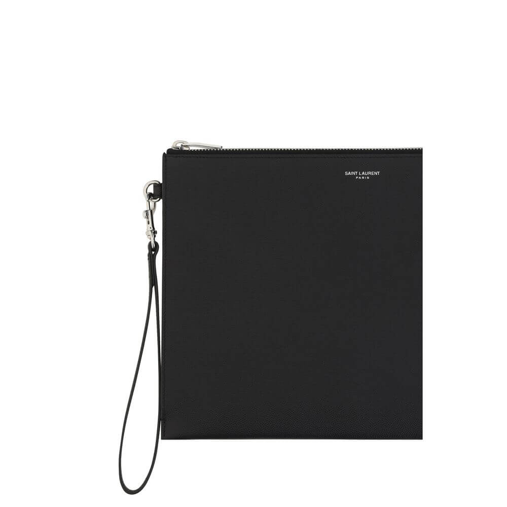 Saint Laurent Black Calf Leather Bos Taurus Other Accessories iPad holder with zipper closure and monogram.