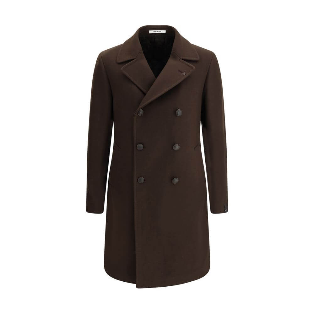 Tagliatore Brown Wool Coat, double-breasted with wide lapel, side welt pockets, and back martingale for elegance and functionality.