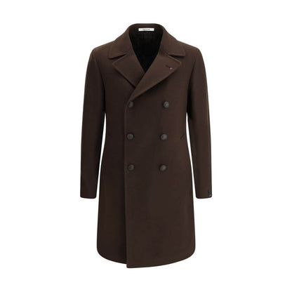 Tagliatore Brown Wool Coat, double-breasted with wide lapel, side welt pockets, and back martingale for elegance and functionality.