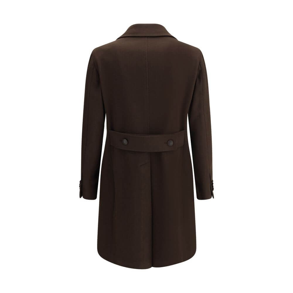 Back view of Tagliatore Brown Wool Coat with wide lapel, double-breasted design, and back martingale, perfect for elegance and functionality.