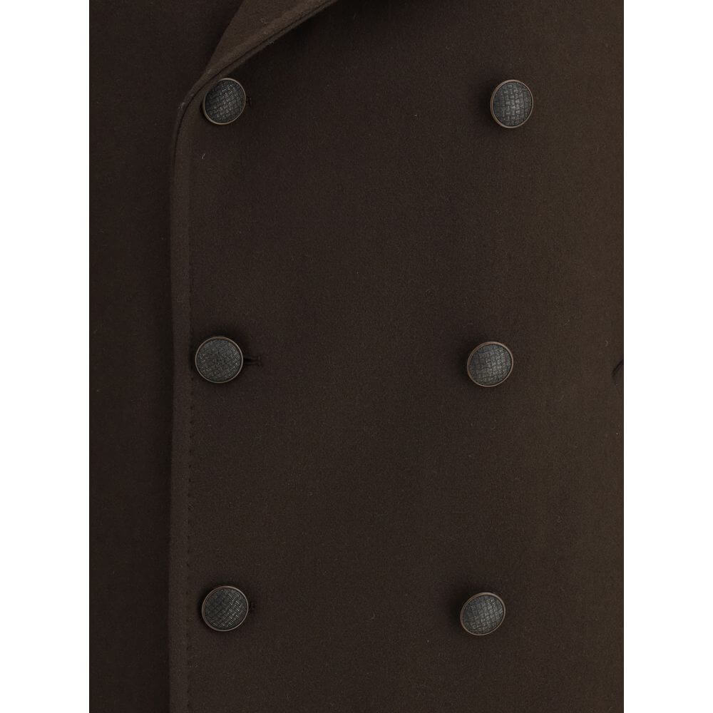 Close-up of Tagliatore Brown Wool Coat with double-breasted buttons, showcasing elegant design and craftsmanship in wool blend.
