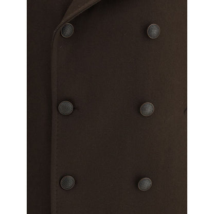 Close-up of Tagliatore Brown Wool Coat with double-breasted buttons, showcasing elegant design and craftsmanship in wool blend.
