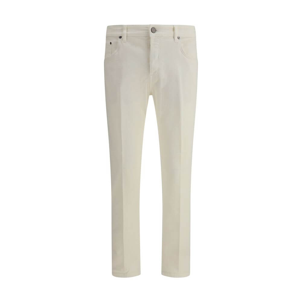 PT Torino Cream Cotton Slim Fit Jeans with five-pocket design and button closure, enhancing silhouette elegance and versatility.