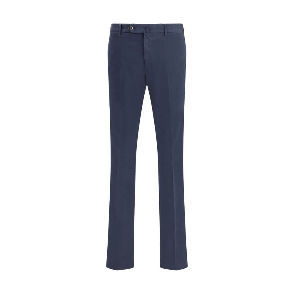 PT Torino Blue Cotton Casual Pants with front button, zipper closure, and welt pockets, ideal for versatile casual or formal looks.