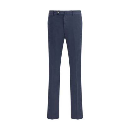 PT Torino Blue Cotton Casual Pants with front button, zipper closure, and welt pockets, ideal for versatile casual or formal looks.