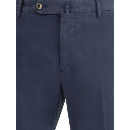 PT Torino Blue Cotton Casual Pants with front button and zipper closure, ideal for casual or formal outfits, featuring belt loops and pockets.