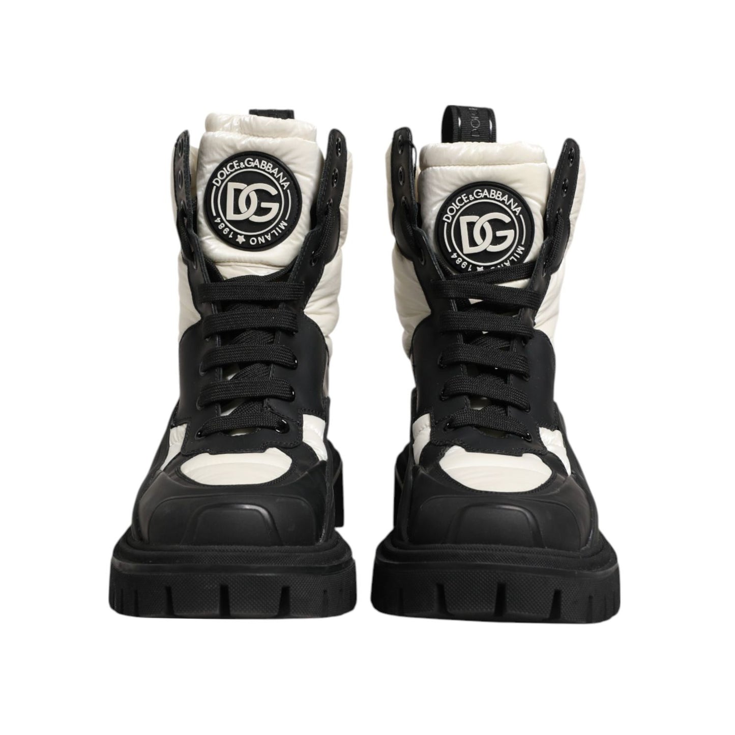 Dolce & Gabbana Black White Padded Mid Calf Lace Up Boots Shoes