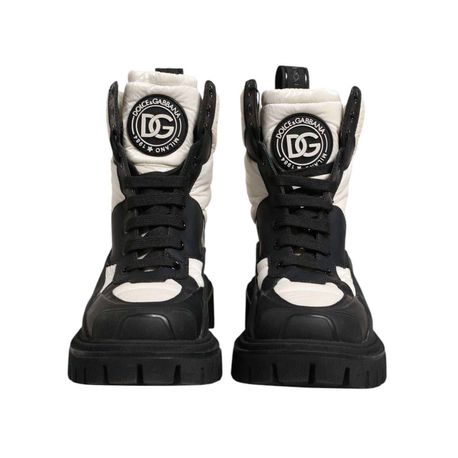 Dolce & Gabbana Black White Padded Mid Calf Lace Up Boots Shoes