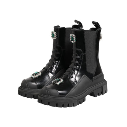 Dolce & Gabbana Black Crystal Embellished Combat Boots Shoes