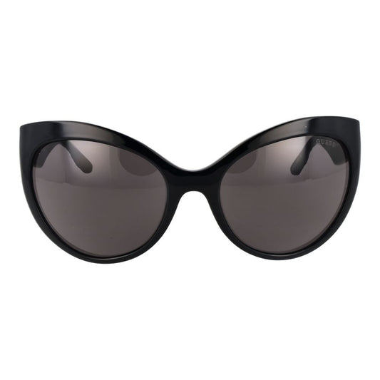 Guess Black Women Sunglass with full-rim black plastic frame, butterfly style, grey lenses, 100% UVA & UVB protection, includes branded case.