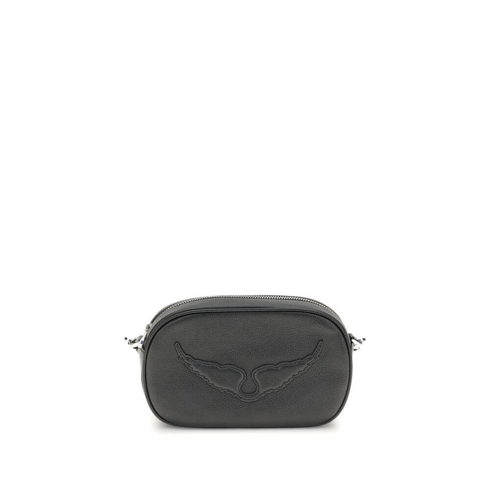 Zadig & Voltaire Black Calf Leather Bos Taurus Shoulder Bag with logo and zipper closure, trendy accessory with detachable strap.