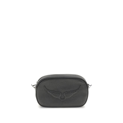 Zadig & Voltaire Black Calf Leather Bos Taurus Shoulder Bag with logo and zipper closure, trendy accessory with detachable strap.