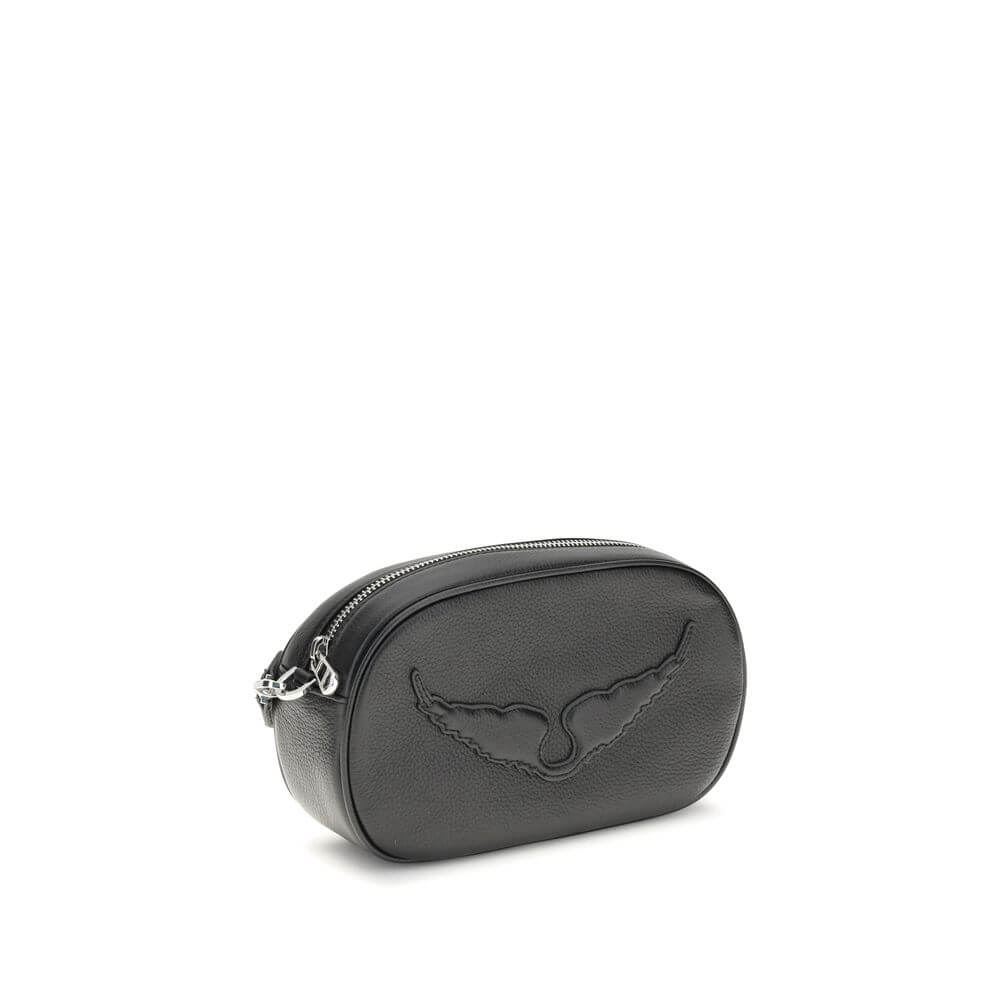 Zadig & Voltaire Black Calf Leather Bos Taurus Shoulder Bag with logo, featuring main zipper closure and adjustable strap.
