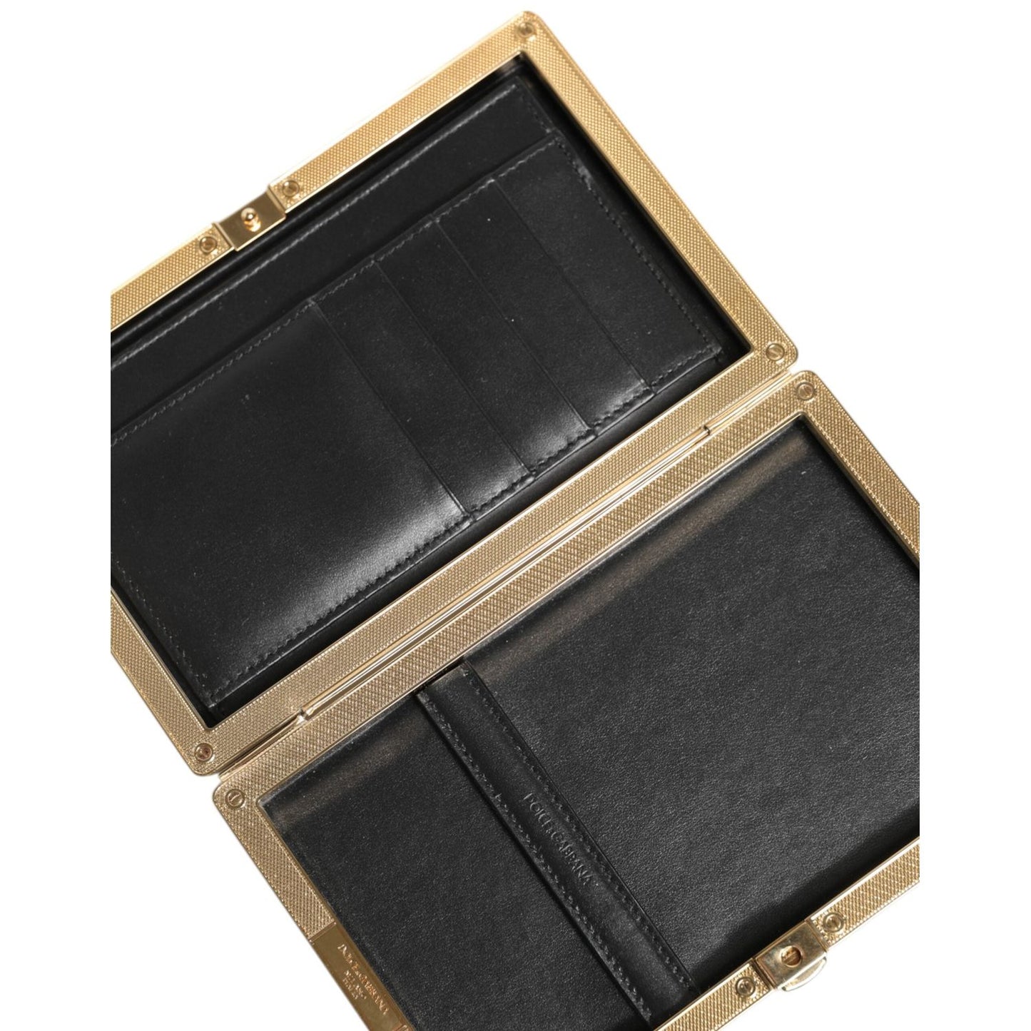 Dolce & Gabbana Black Leather Gold Frame Clutch Evening Party Purse Bag