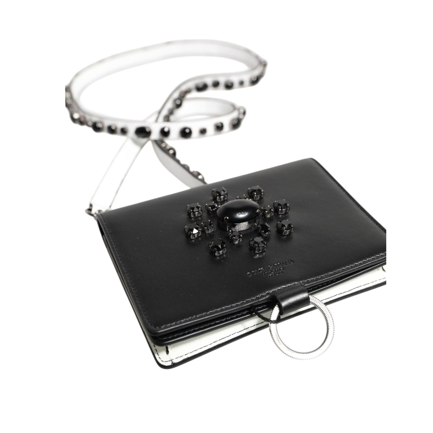 Dolce & Gabbana Black Leather Crystal Embellished Card Holder Wallet