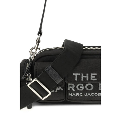Close-up of Marc Jacobs Black Canvas Shoulder Bag with embroidered logo and adjustable strap detailing.
