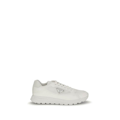 Prada White Rubber Athletic Sneakers with logo detail and mesh upper, showcasing urban design and premium comfort for contemporary style.