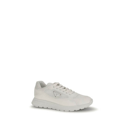 Prada White Rubber Athletic Sneakers with mesh upper, enameled triangle logo, and polyester lace-up closure for AW25.