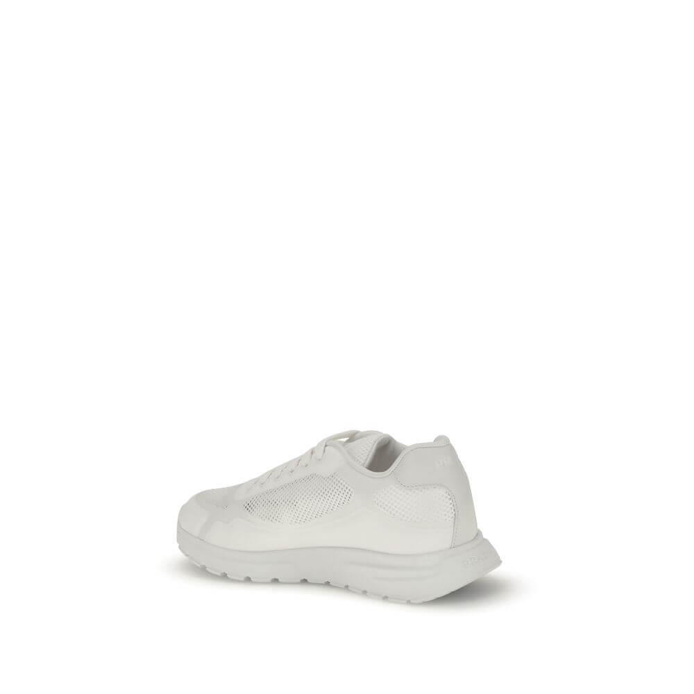 Prada White Rubber Athletic Sneakers featuring a modern design with enameled logo, mesh details, and comfortable rubber sole.
