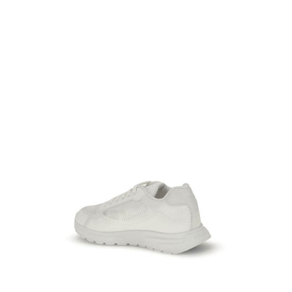 Prada White Rubber Athletic Sneakers featuring a modern design with enameled logo, mesh details, and comfortable rubber sole.