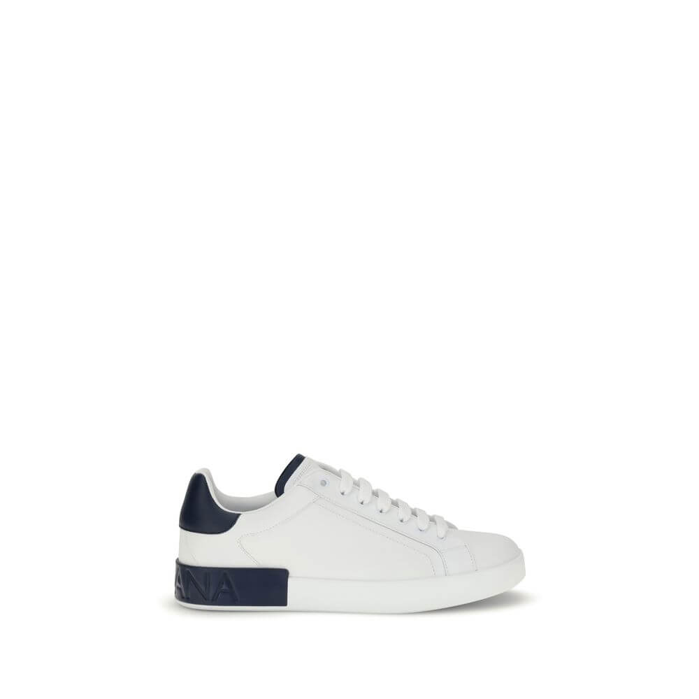 Dolce & Gabbana White Calf Leather Bos Taurus Low Top Sneakers with heel detail and logo stripe on the back, side view