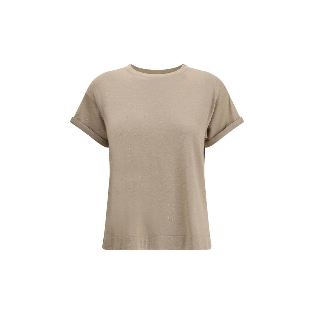 Brunello Cucinelli Beige Nylon T-Shirt with ribbed crew neck and glitter effect, ideal for luxury casual wear, for AW25.