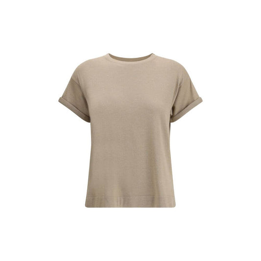 Brunello Cucinelli Beige Nylon T-Shirt with ribbed crew neck and glitter effect, ideal for luxury casual wear, for AW25.