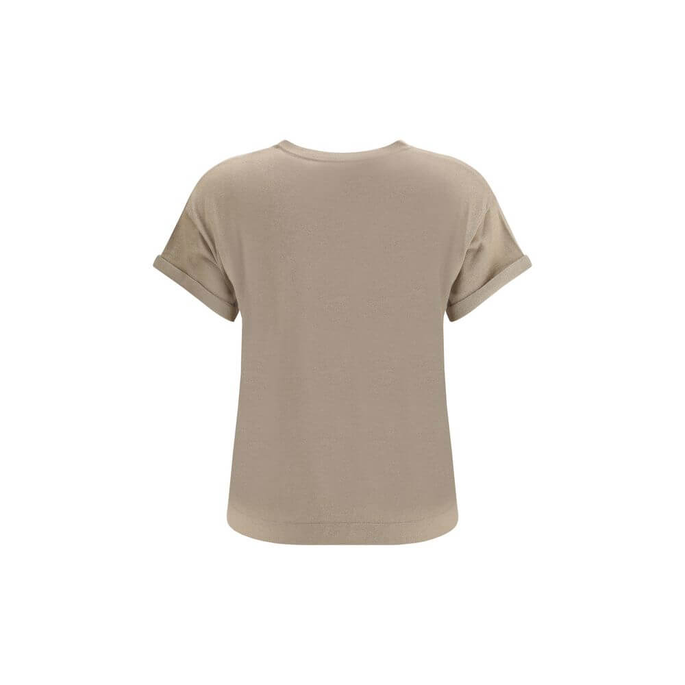 Back view of Brunello Cucinelli Beige Nylon T-Shirt with ribbed crew neck and monochrome design. Elegant and versatile for casual wear.