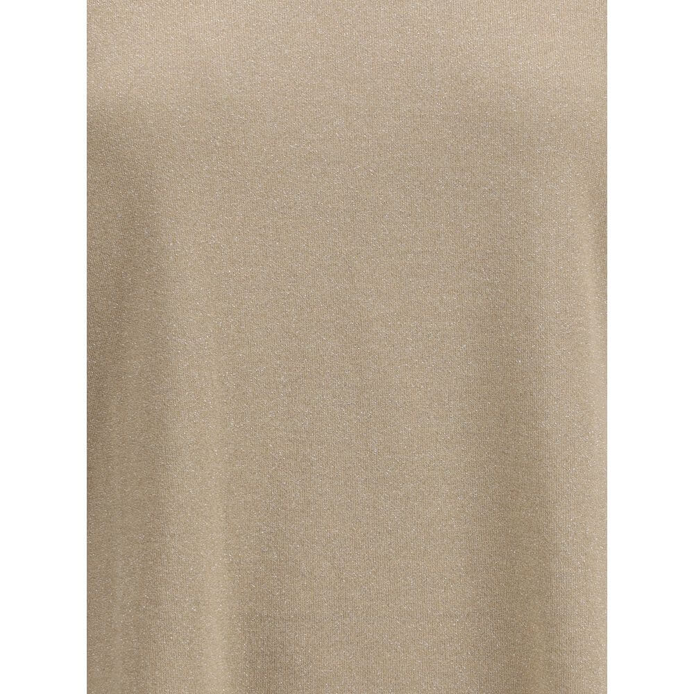 Elegant Brunello Cucinelli Beige Nylon T-Shirt with ribbed crew neck and glitter effect, perfect for luxurious casual wear.