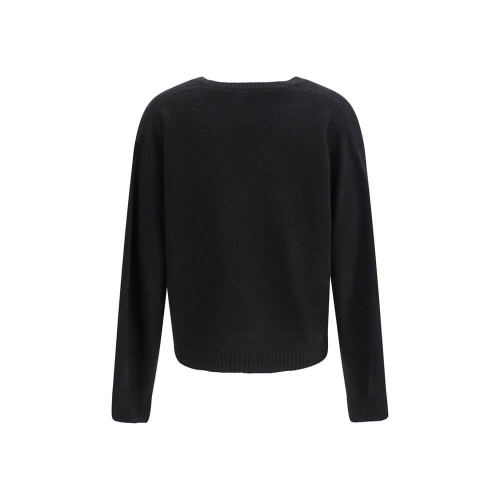 Fabiana Filippi Black Cashmere Cashmere Sweater with ribbed V-neck, hem, and cuffs, elegant design, AW25 collection, 100% Kashmir.