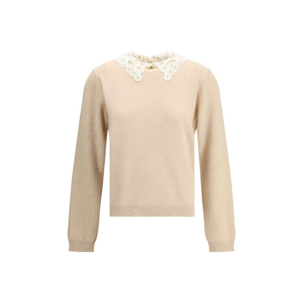 Fabiana Filippi Beige Fleece Wool Sweatshirt with lace collar and gold button front detail, elegant and sophisticated design.
