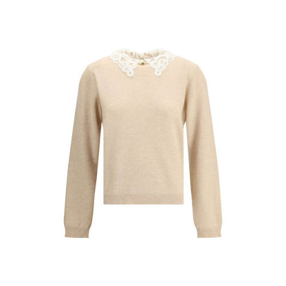 Fabiana Filippi Beige Fleece Wool Sweatshirt with lace collar and gold button front detail, elegant and sophisticated design.