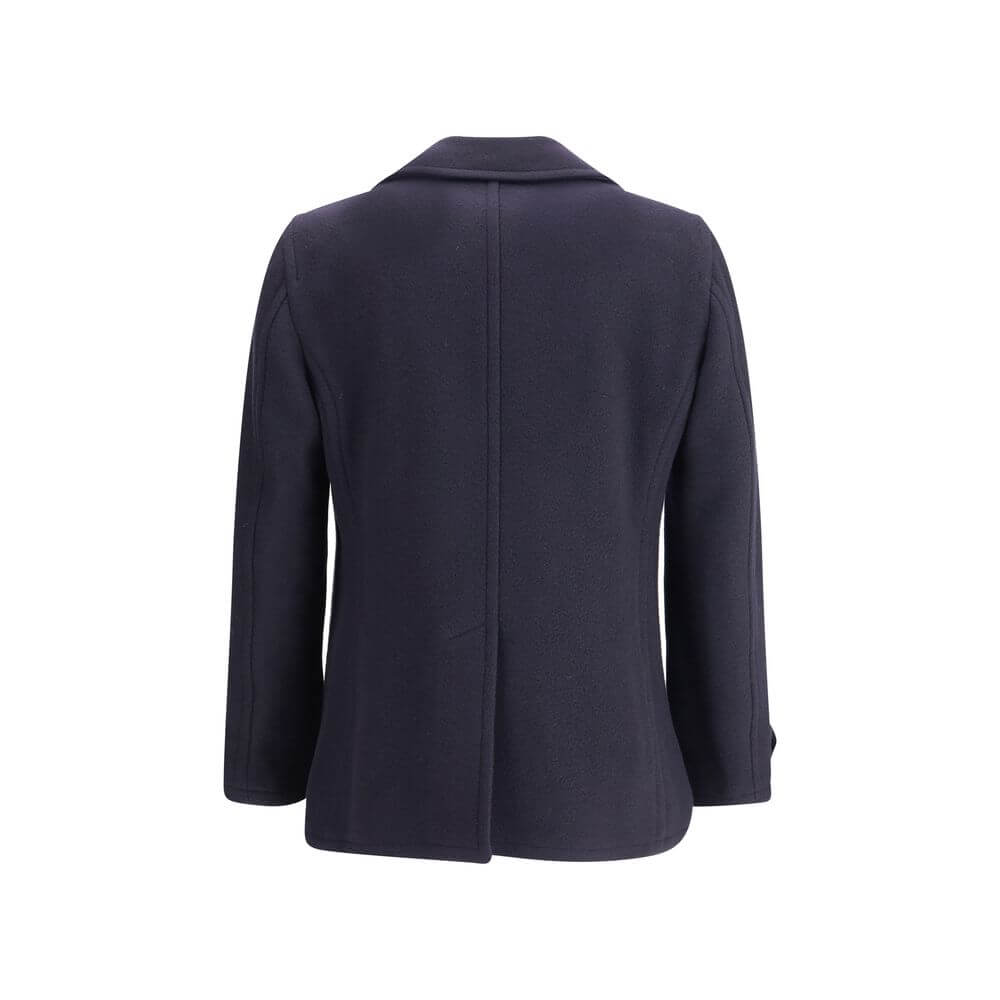 Back view of Tagliatore Blue Wool Coat showing double-breasted design, wide lapel, and back slit for elegance and functionality. AW25.