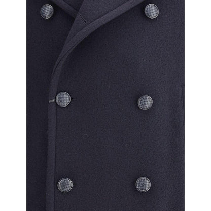 Close-up of Tagliatore Blue Wool Coat showing double-breasted button design and stylish lapel.