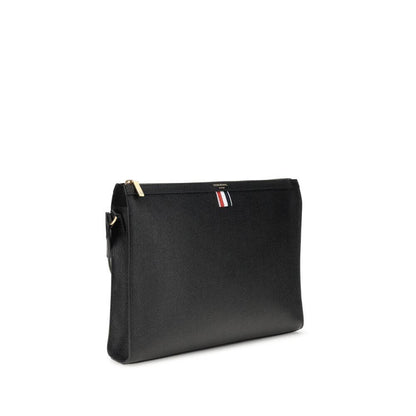 Thom Browne Black Calf Leather Bos Taurus Clutch Bag with tricolor detail and zipper closure.