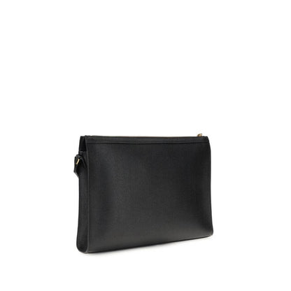 Thom Browne Black Calf Leather Bos Taurus Clutch Bag with shoulder strap, featuring iconic tricolor detail and embossed logo for AW25.