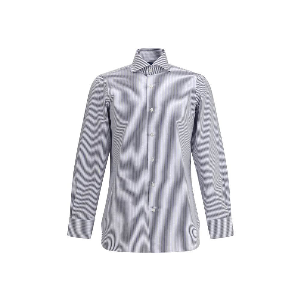 Finamore Blue Cotton Pattern Shirt with classic collar and striped design, ideal for formal and casual ensembles. Made in Italy, 100% cotton.