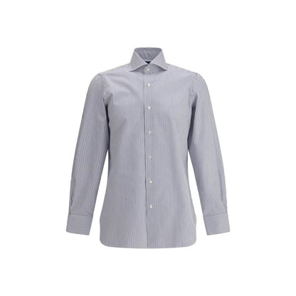 Finamore Blue Cotton Pattern Shirt with classic collar and striped design, ideal for formal and casual ensembles. Made in Italy, 100% cotton.