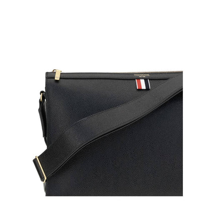 Thom Browne Black Calf Leather Bos Taurus Clutch Bag with tricolor detail, top zipper, and adjustable shoulder strap.