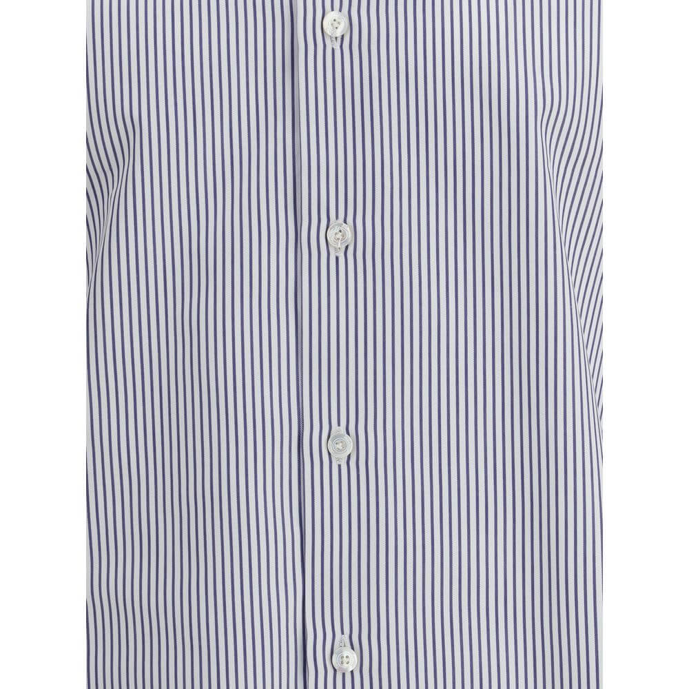 Finamore Blue Cotton Pattern Shirt with classic collar and striped design, ideal for formal and casual looks, made in Italy, AW25.