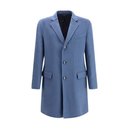 Brioni Light Blue Wool Coat with classic lapel and front button closure, featuring flap welt pockets, chest pocket, and back vent.