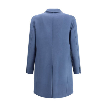Back view of Brioni Light Blue Wool Coat with classic lapel and button closure, featuring elegant design and luxurious fabric blend.