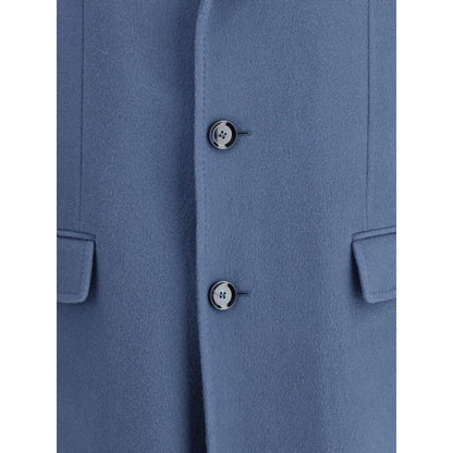 Brioni Light Blue Wool Coat with classic lapel and front button closure, featuring flap welt pockets, chest pocket, and back vent.
