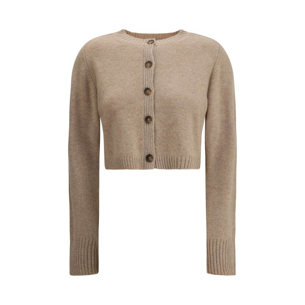 Loulou De Saison Beige Cashmere Cardigan with button closure, crew neck, and ribbed hem and cuffs, perfect for casual and polished looks.