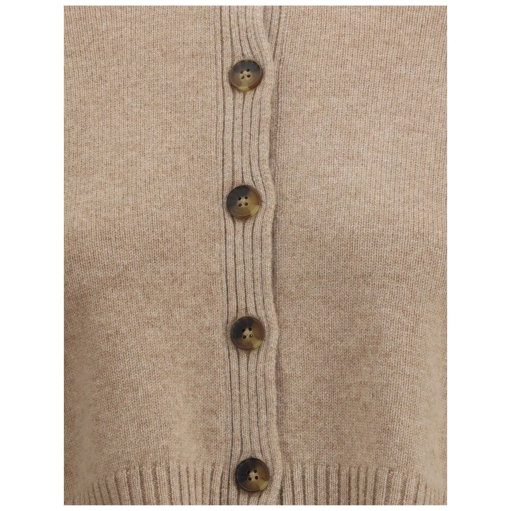Close-up of Loulou De Saison Beige Cashmere Cardigan with button closure and ribbed design, perfect for stylish and refined autumn-winter looks.