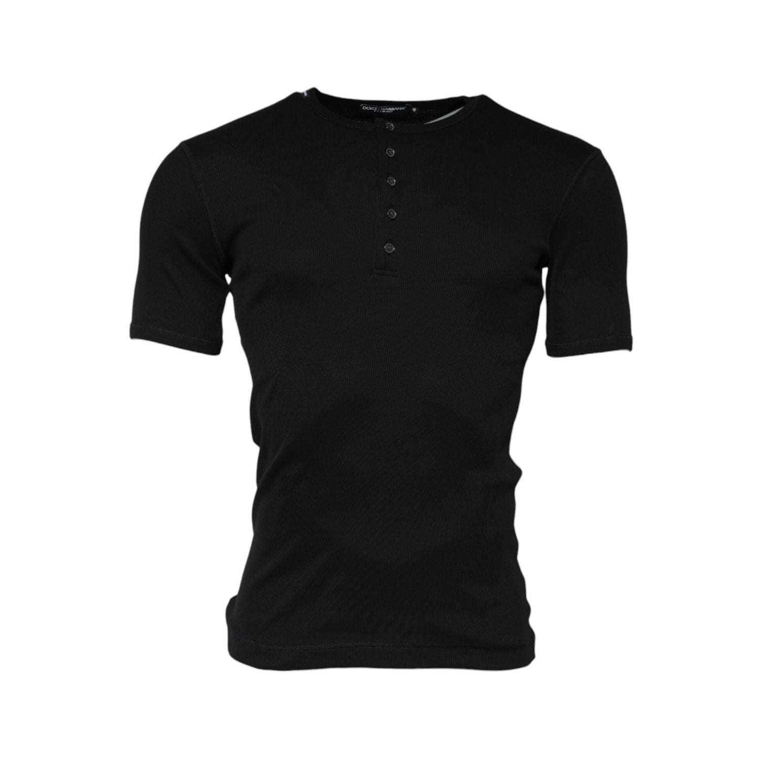 Dolce & Gabbana Black Cotton Knit Crew Neck Henley T-shirt
